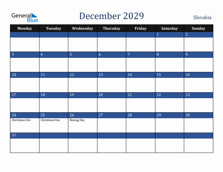 December 2029 Slovakia Calendar (Monday Start)