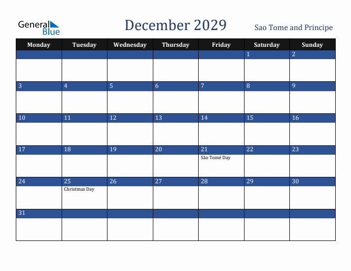 December 2029 Sao Tome and Principe Calendar (Monday Start)