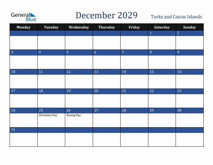 December 2029 Turks and Caicos Islands Calendar (Monday Start)