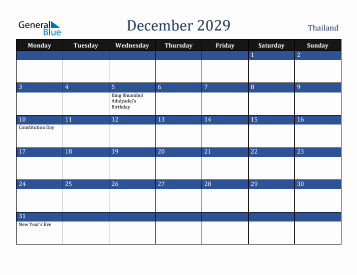 December 2029 Thailand Calendar (Monday Start)