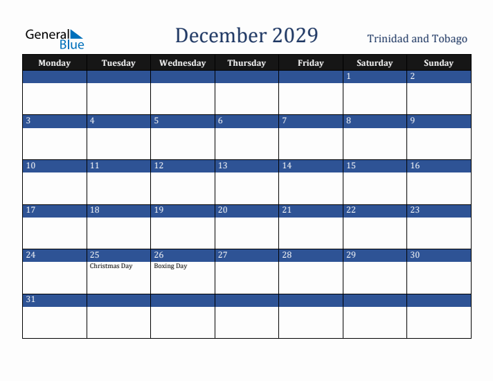 December 2029 Trinidad and Tobago Calendar (Monday Start)