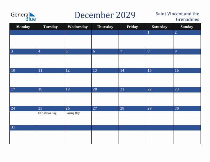 December 2029 Saint Vincent and the Grenadines Calendar (Monday Start)
