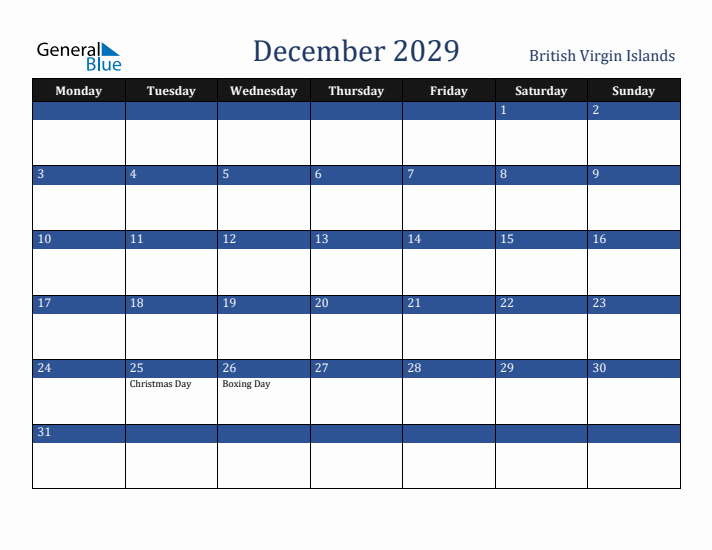 December 2029 British Virgin Islands Calendar (Monday Start)