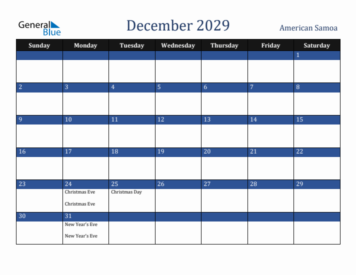 December 2029 American Samoa Calendar (Sunday Start)