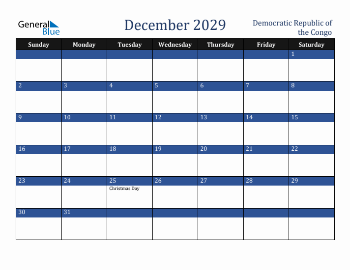 December 2029 Democratic Republic of the Congo Calendar (Sunday Start)