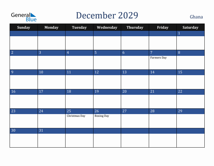 December 2029 Ghana Calendar (Sunday Start)