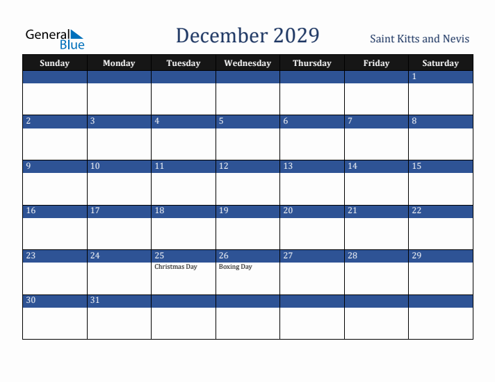 December 2029 Saint Kitts and Nevis Calendar (Sunday Start)