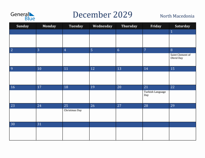 December 2029 North Macedonia Calendar (Sunday Start)
