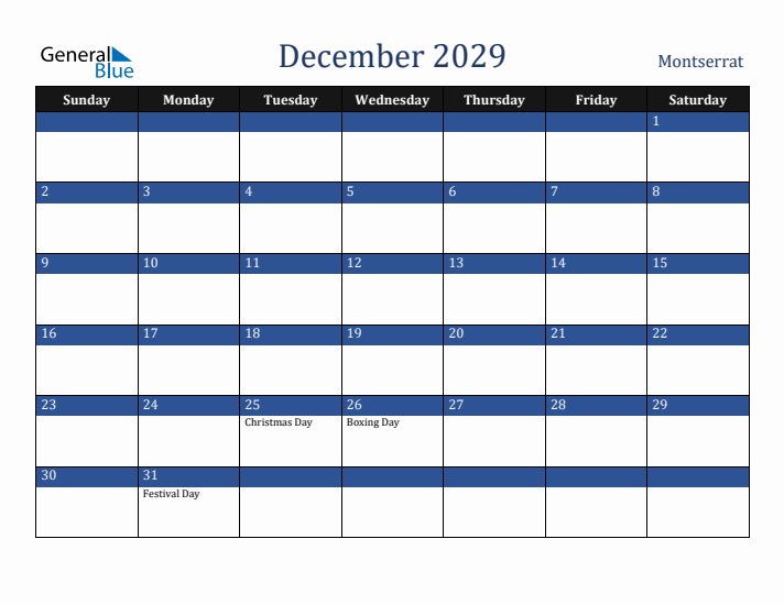 December 2029 Montserrat Calendar (Sunday Start)