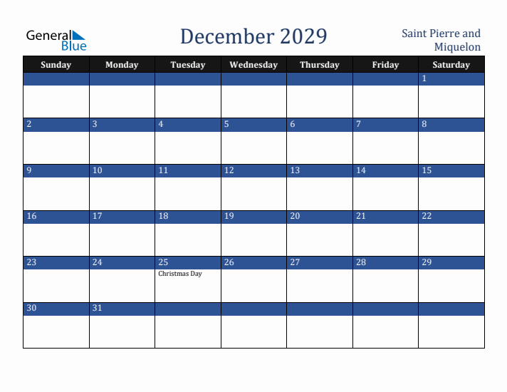 December 2029 Saint Pierre and Miquelon Calendar (Sunday Start)