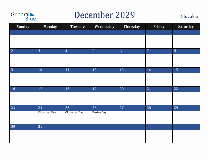 December 2029 Slovakia Calendar (Sunday Start)