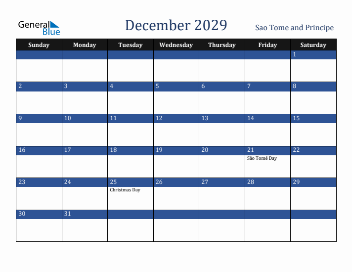 December 2029 Sao Tome and Principe Calendar (Sunday Start)