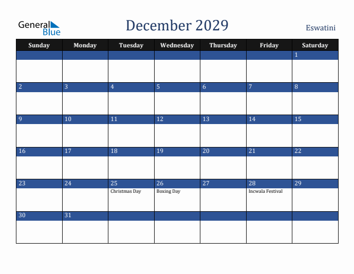 December 2029 Eswatini Calendar (Sunday Start)