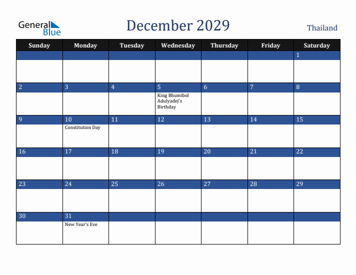 December 2029 Thailand Calendar (Sunday Start)