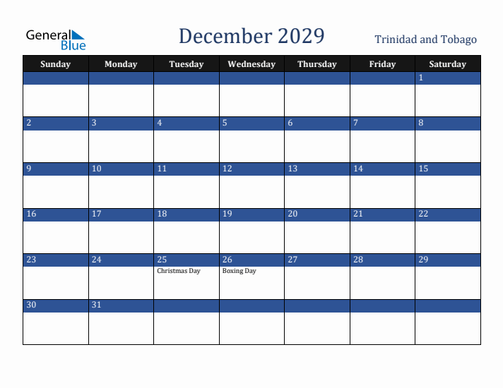 December 2029 Trinidad and Tobago Calendar (Sunday Start)