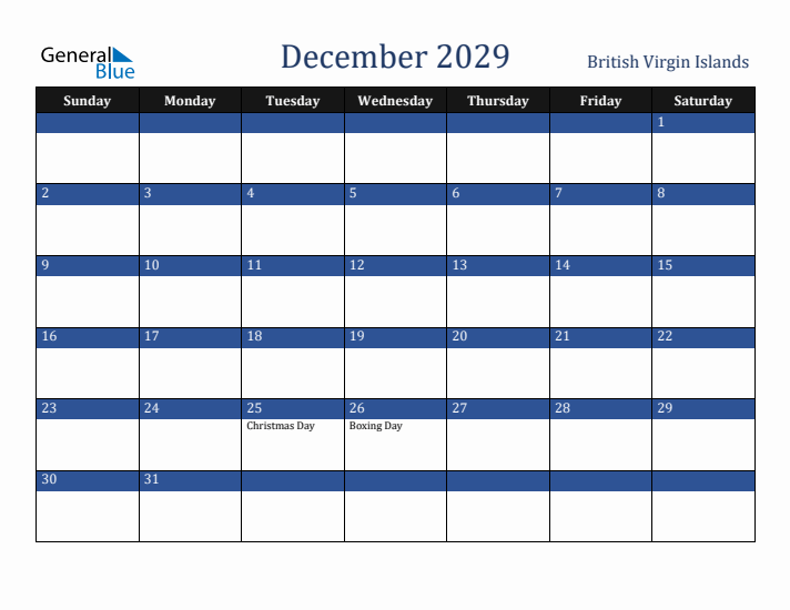 December 2029 British Virgin Islands Calendar (Sunday Start)