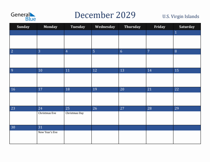 December 2029 U.S. Virgin Islands Calendar (Sunday Start)