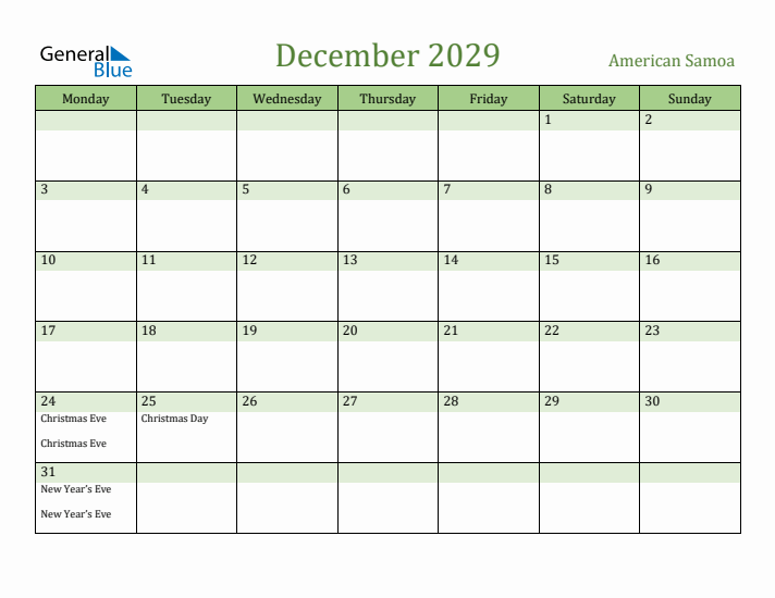 December 2029 Calendar with American Samoa Holidays