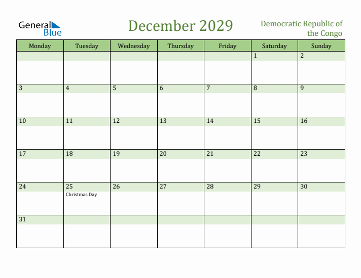 December 2029 Calendar with Democratic Republic of the Congo Holidays