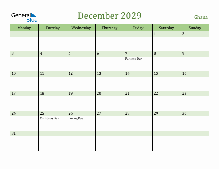 December 2029 Calendar with Ghana Holidays