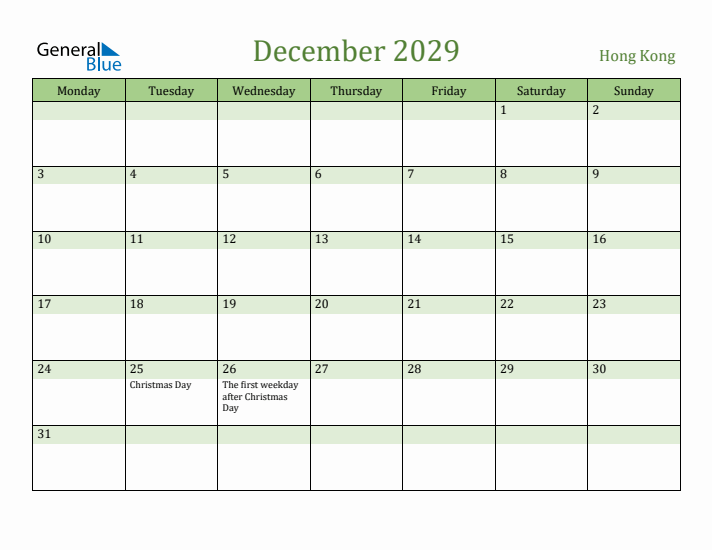 December 2029 Calendar with Hong Kong Holidays