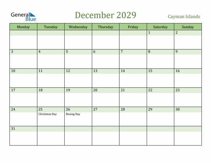 December 2029 Calendar with Cayman Islands Holidays