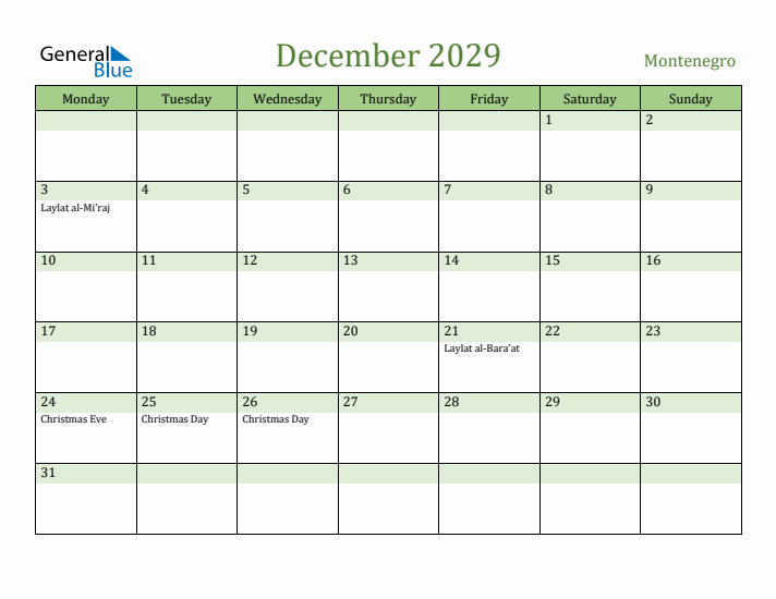 December 2029 Calendar with Montenegro Holidays