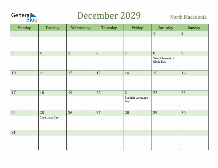 December 2029 Calendar with North Macedonia Holidays