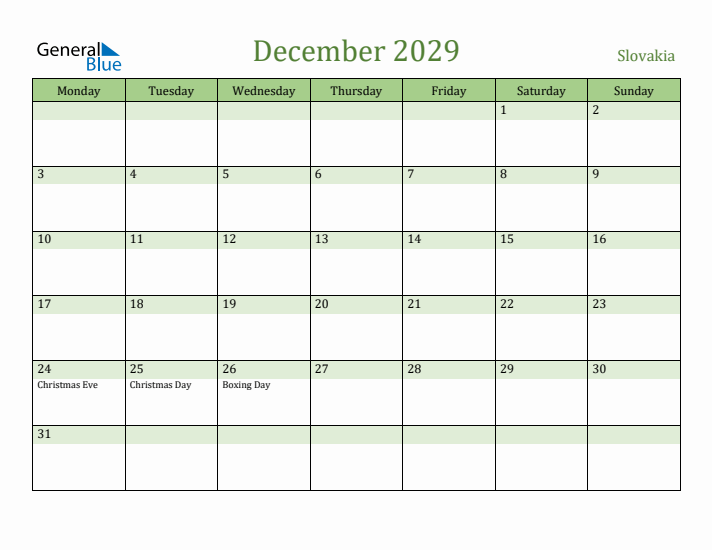 December 2029 Calendar with Slovakia Holidays