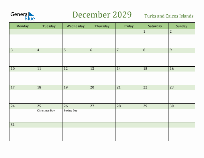 December 2029 Calendar with Turks and Caicos Islands Holidays