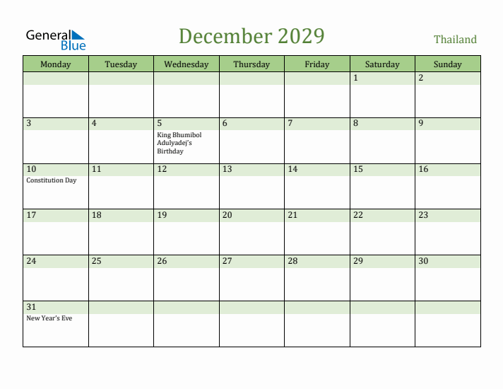 December 2029 Calendar with Thailand Holidays