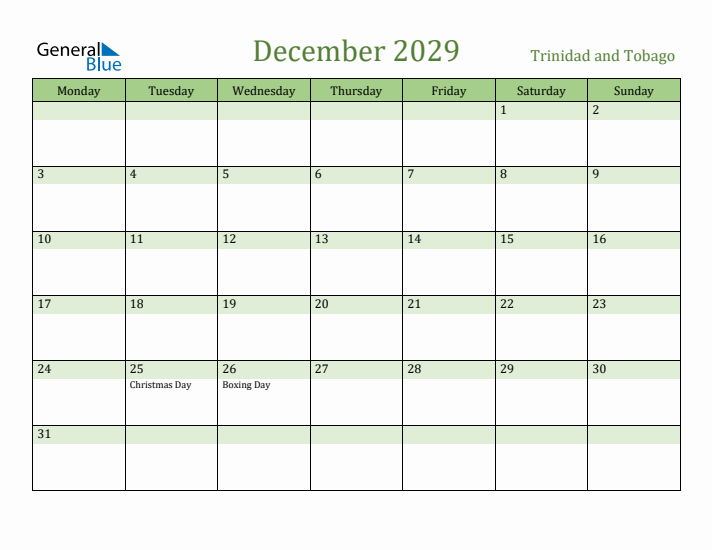 December 2029 Calendar with Trinidad and Tobago Holidays