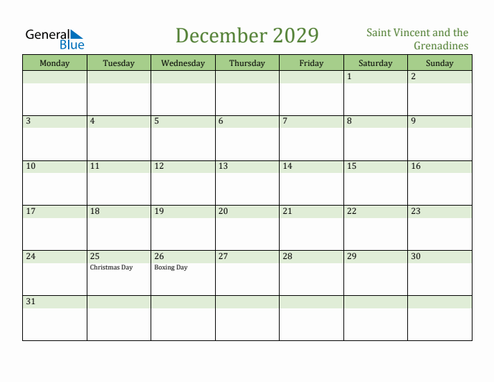 December 2029 Calendar with Saint Vincent and the Grenadines Holidays