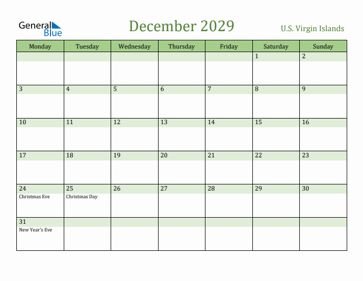 December 2029 Calendar with U.S. Virgin Islands Holidays