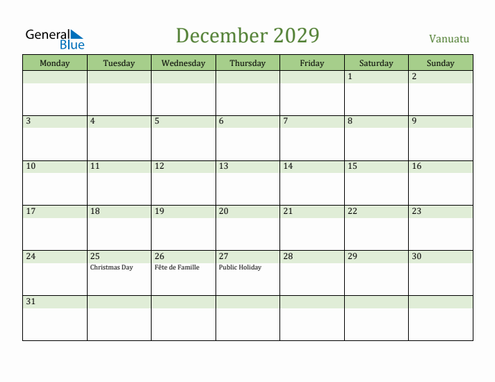 December 2029 Calendar with Vanuatu Holidays