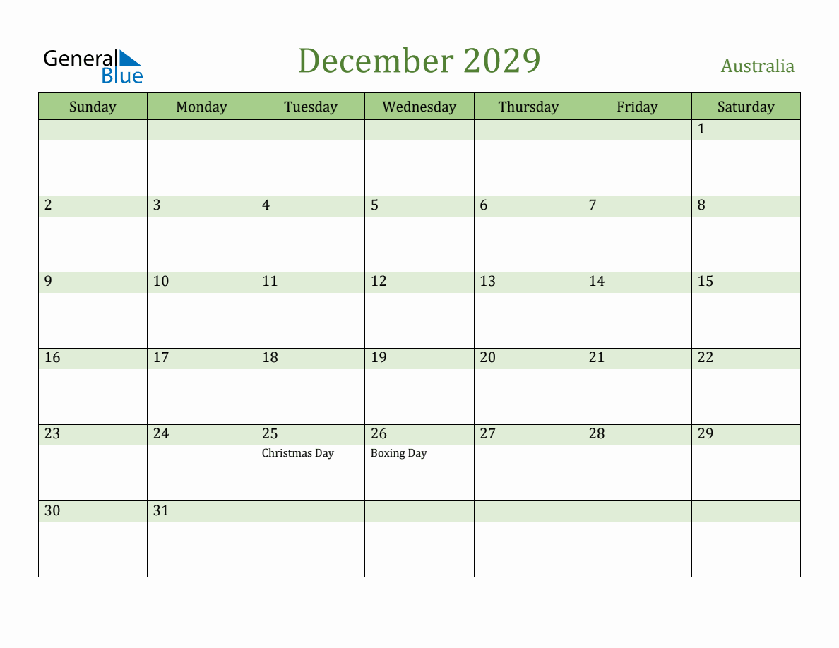 Fillable Holiday Calendar for Australia - December 2029