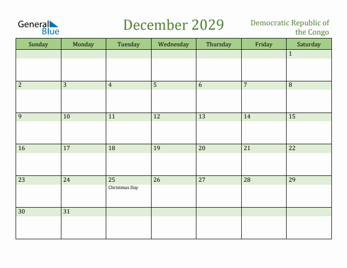 December 2029 Calendar with Democratic Republic of the Congo Holidays