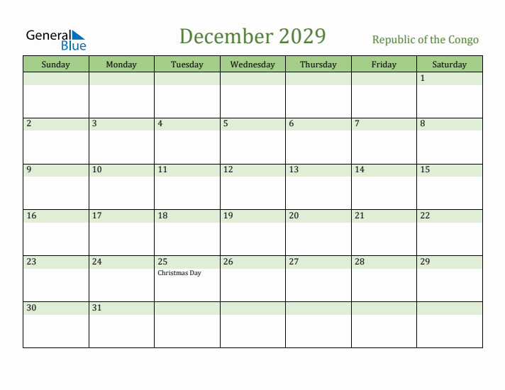 December 2029 Calendar with Republic of the Congo Holidays