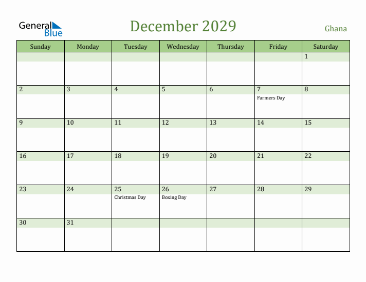 December 2029 Calendar with Ghana Holidays