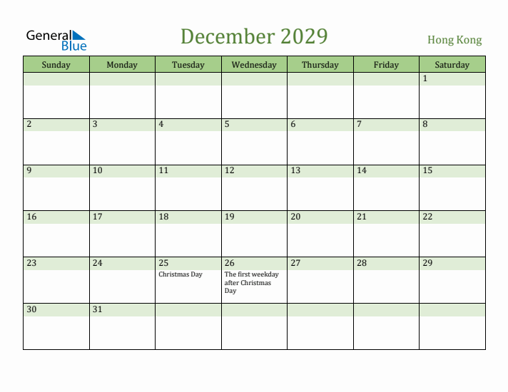 December 2029 Calendar with Hong Kong Holidays
