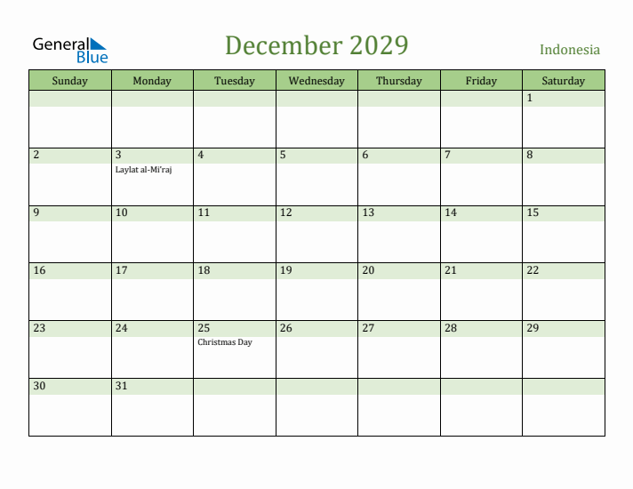 December 2029 Calendar with Indonesia Holidays