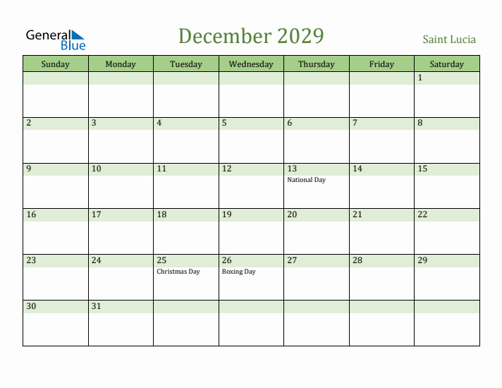 December 2029 Calendar with Saint Lucia Holidays