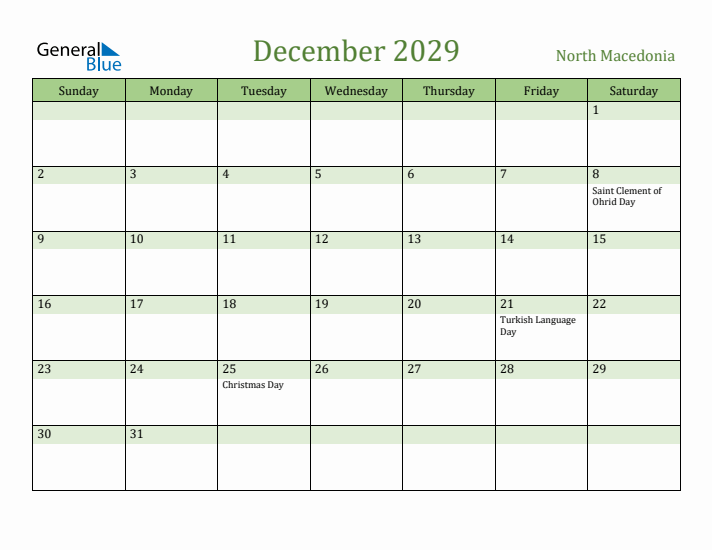 December 2029 Calendar with North Macedonia Holidays