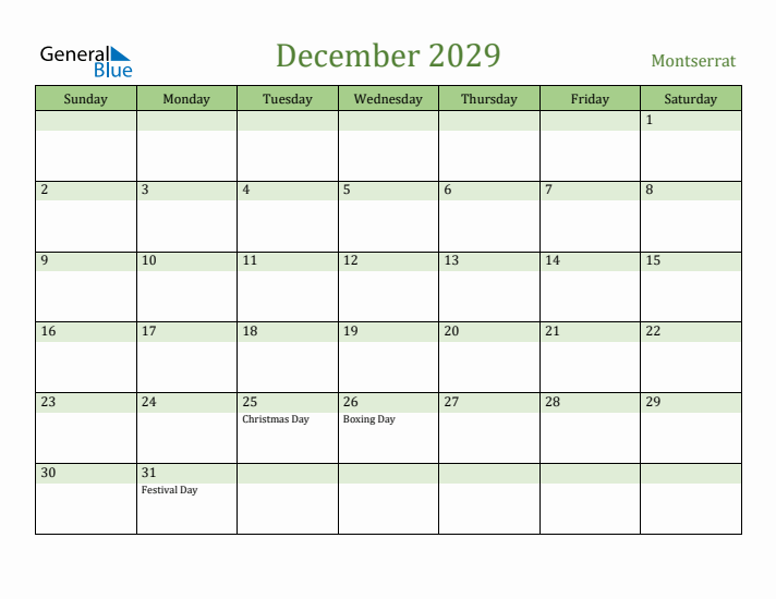 December 2029 Calendar with Montserrat Holidays