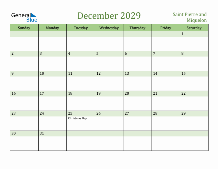 December 2029 Calendar with Saint Pierre and Miquelon Holidays