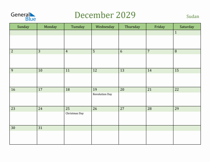 December 2029 Calendar with Sudan Holidays