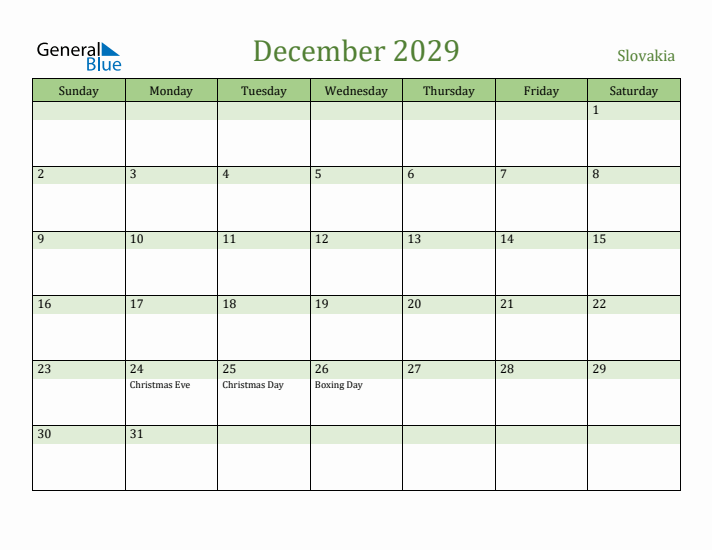 December 2029 Calendar with Slovakia Holidays