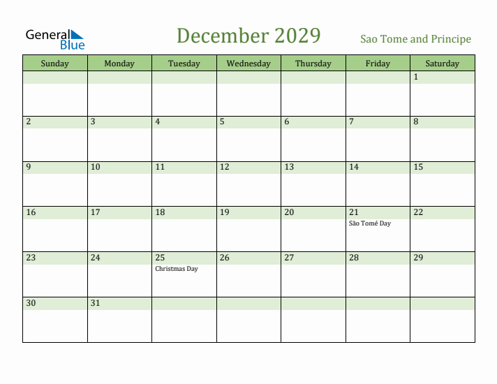 December 2029 Calendar with Sao Tome and Principe Holidays
