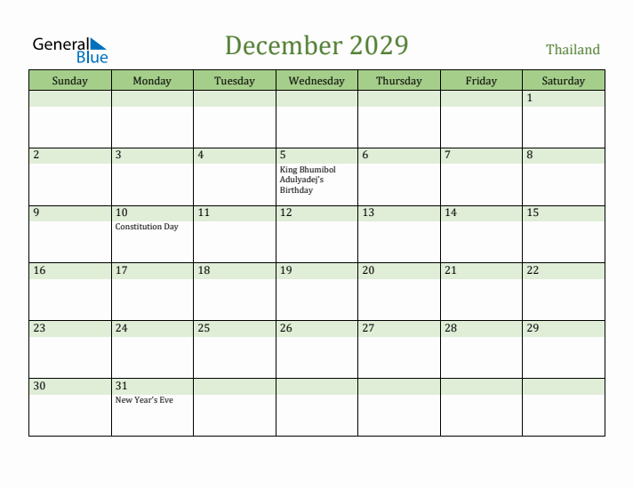 December 2029 Calendar with Thailand Holidays