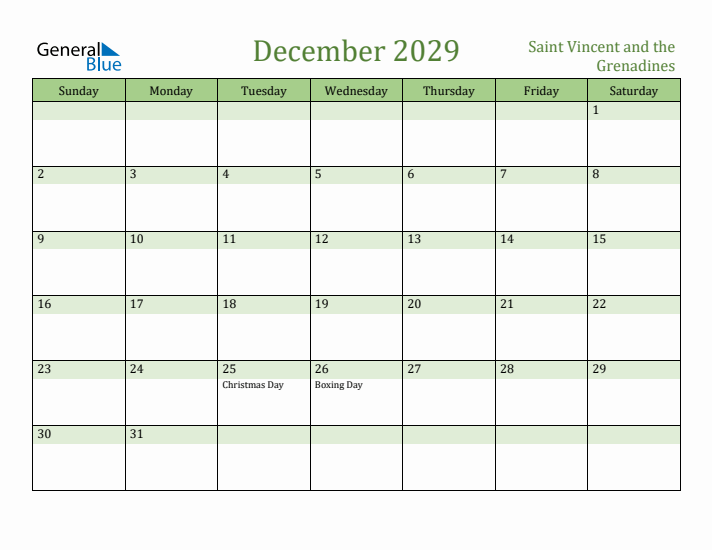 December 2029 Calendar with Saint Vincent and the Grenadines Holidays